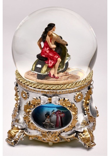 Kar Küresi Antik Klasik Büyük 120 Mm El Boyaması,müzikli Kendinden Üflemeli, Vespalı Sevgili Çift