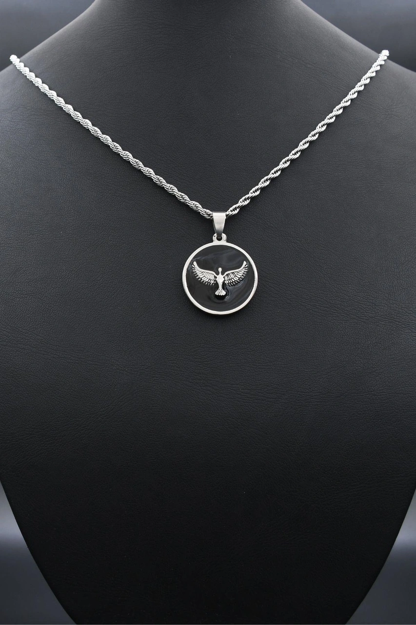 Anka Kuşu - Kartal Figürlü Kolye Paslanmaz Çelik Zincir 3mm 902301 Gümüş
