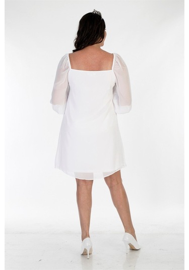 Astarlı Şifon Prenses Kol Elbise-1418 Beyaz
