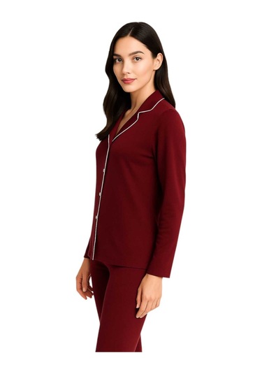 Kadın Bordo Düğmeli Uzun Kol Pijama Takımı Kırmızı