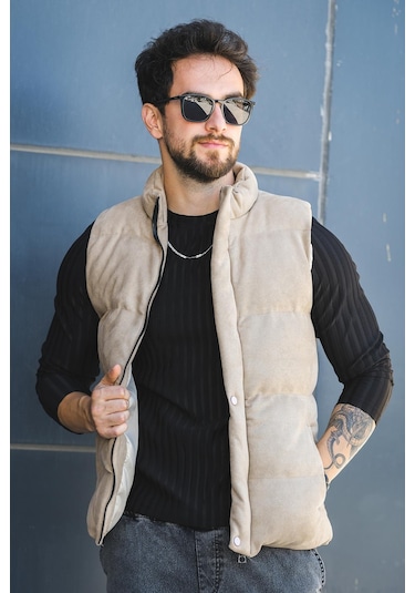 Taff Cepli Dik Yaka Dolum Erkek Şişme Süet Nubuk Yelek Bej