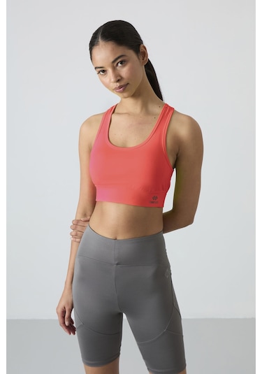 Neon Pembe Sırt Detaylı Dar Kalıp U Yaka Kadın Spor Büstiyer - 97120 Pembe