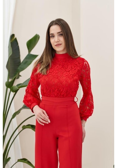 Ahes Shopping Kırmızı Üstü Dantel Tulum Kırmızı