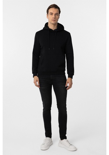Süvari Siyah Regular Düz Kapüşonlu Yaka Sweatshirt