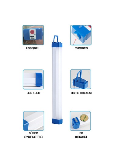 Şarjlı Işıldak Mıknatıslı Kamp Lambası 1500 Lm 3 Mod Elektrikli Acil Durum El Feneri 50cm Pr305 Beyaz