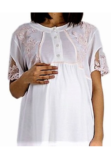 Kısa Kol Dantel Detaylı Kadın Gecelik Ekru