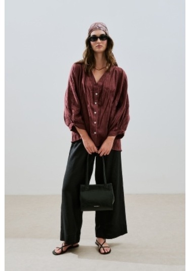 Keten Krushlı Düğmeli Bluz Erik Çürüğü Erik Çürüğü