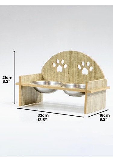 Oval Pati Desenli Ahşap İkili Çelik Kaseli Kedi Su ve Mama Kabı