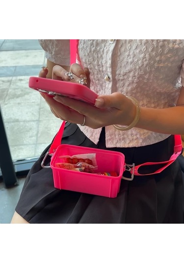 Elmpaly İphone 15 Pro Max Bright Pink Çapraz Taşımalı Depolama Telefon Kılıfı