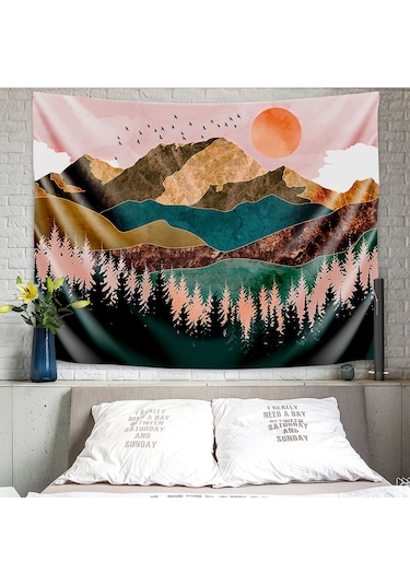 Singree Doğa Manzaralı Flanel Duvar Örtüsü - Dağ Ormanı Güneş Batımı Desenli Dekoratif Tapestri - Yatak Odası, Oturma Odası Dekoru - 150x180 Cm Çok Renkli