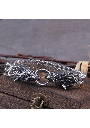 Novahub Çelik Paslanmaz Viking Odin Kurt Kafası İskandinav Erkek Bilezik, Deri Ve Çelik Takı, Punk Tılsım Hediye Çok Renkli