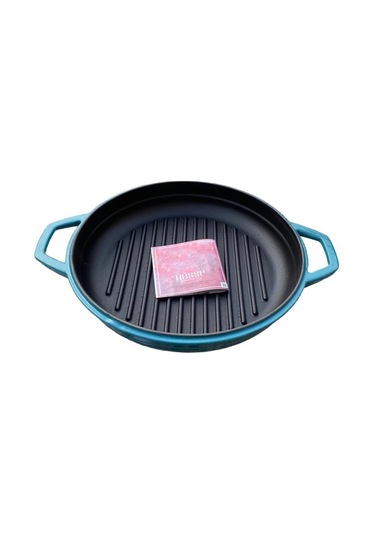 Hosse 28 Cm Yuvarlak Demir Döküm Grill Tava Çift Kulplu Mavi Mavi