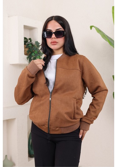 Bomber Kolej Su Geçirmez Ceket Kahverengi Süet