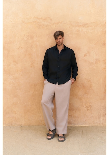 Mai Collection Mai Studios Co. Agnola Oversize Erkek Siyah Keten Gömlek Siyah