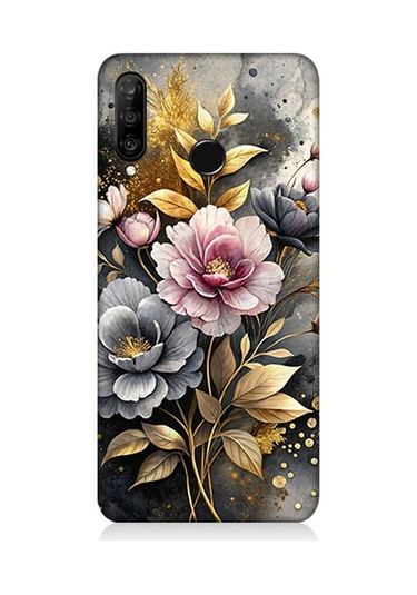 Huawei P30 Lite Uyumlu Altın Çiçekler Desenli Silikon Kılıf