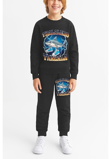 Erkek Çocuk 3 İplik Şardonlu Alt-üst Takım Görsel Baskılı 3-10 Yaş 12412 Siyah