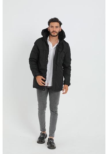 Erkek Siyah Içi Polarlı Su Ve Rüzgar Geçirmez Kapüşonlu Kışlık Mont & Kaban & Parka Siyah