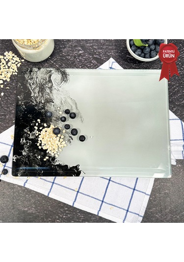 Kanallı Cam Kesme Tahtası - Black Wave - 25x35cm