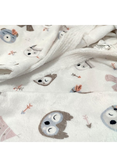 Night Owl Dijital Baskılı Çocuk Bornozu Gri - Beyaz
