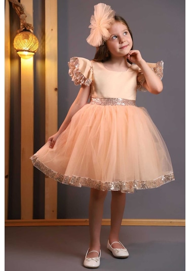 Kız Çocuk Tül Beyaz Pembe Kırmızı Tokalı Prenses Doğum Günü Bayram Abiye Mezuniyet Şık Elbise Bej