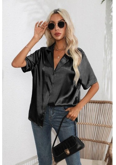Kısa Kollu Gömlek Yaz Katı Saten Ipek Gömlek Düğme Yukarı Bluz Gevşek Ofis Kadın Blusas Casual Gömlek Tops Zarif 26107 Siyah
