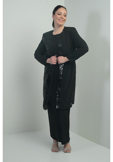 Kadın Önü Pulpayet Şifon Ceket Astarlı Kollu Sandy Uzun Elbise Büyük Beden 2'li Takım-40863 Siyah