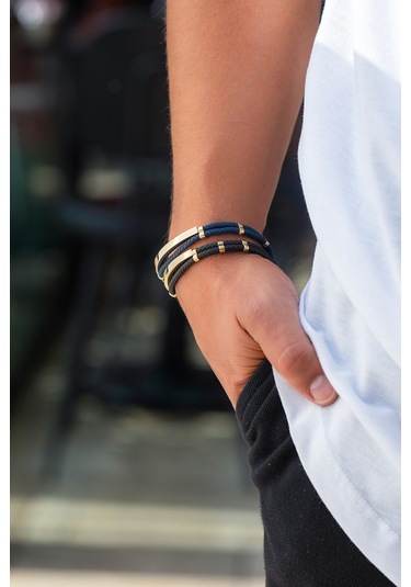 Cenova Kuyumculuk 14 Ayar Altın Çift Kordonlu Siyah Kauçuk Erkek Bileklik Siyah