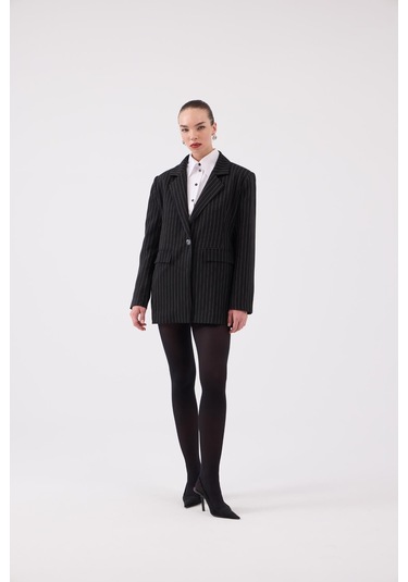 Holly Lolly Oversize Kesim Çizgili Strip Blazer Ceket Siyah
