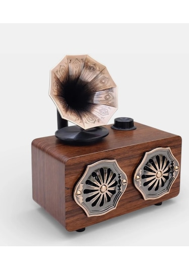 Gerçek Ahşap Gramofon Görünümlü Bluetooth Hoparlör & Nostaljik Radyo
