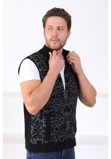 Ferraro Siyah/Antrasit Dik Yaka Cepli Pamuk Erkek Yelek-Siyah