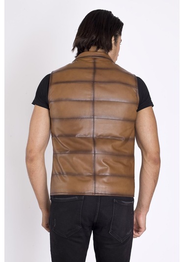 Taba Renk Hakiki Deri Yelek-Taba