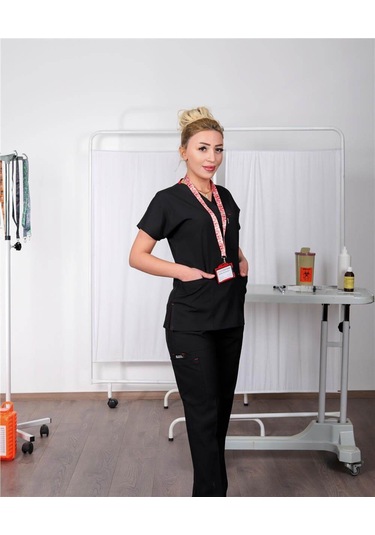 Likralı Cerrahi Forma Unisex Hemşire Doktor Sağlıkçı Forması Scrubs Üniforma Siyah