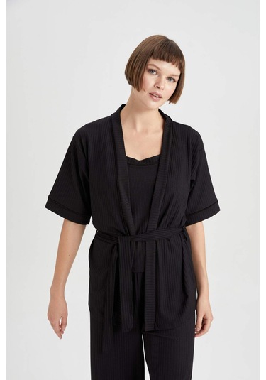 DeFacto -Fall in Love Yarım Kol Sabahlık B6559AX23AUBK81 Siyah