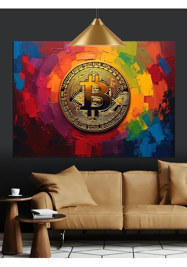Renkli Fonda Bitcoin Sembolü Dekoratif Kanvas - Mdf Ahşap Tablo