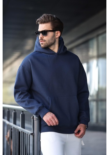 Lacivert Kapüşonlu Kanguru Cep Erkek Sweatshirt E7169 Lacivert