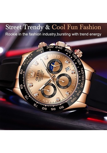 Novahub Olevs 2875 Erkekler Multifonksiyonlu Spor Kronograf Su Geçirmez Kuvars Saat Gül Altın Renkli Çok Renkli