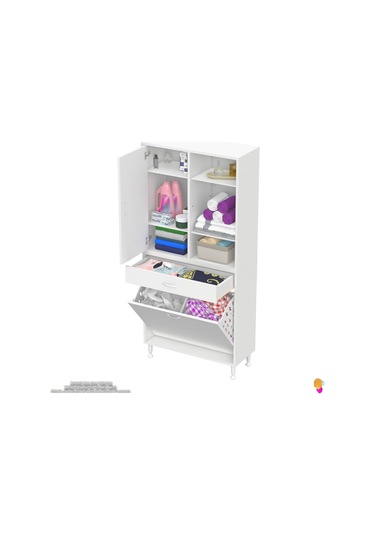 Modilayn Afra 75x173x32,5cm 1 Çekmece, 2 Göz Sepet, 1 Kapak, 6 Raf Dar Alan Banyo Dolabı Beyaz