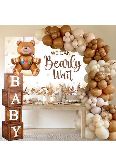 Oyuncak Ayı Temalı Baby Shower Set Ahşap Görünümlü Baby Kutu Ve Retro Balon Zincir Set