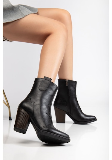 117 Siyah Kovboy Dikiş Detaylı Fermuarlı Yüksek Topuklu Günl... Siyah
