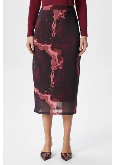 Kadın Dania Astarlı Bel Lastikli Şifon Bordo Midi Kalem Etek Bordo