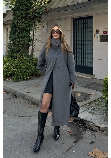 Gri Vittoria Düğmeli Yaka Kaban - 2511 Gri