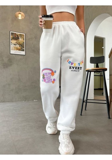 Kadın Beyaz Love Baskılı Paça Lastikli Oversize Eşofman 001