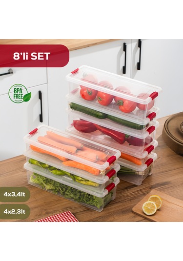 Porsima 8 Li Kilitli Kapaklı Yiyecek Erzak Saklama Kabı Seti - Buzdolabı Düzenleyici Organizeri Şeffaf