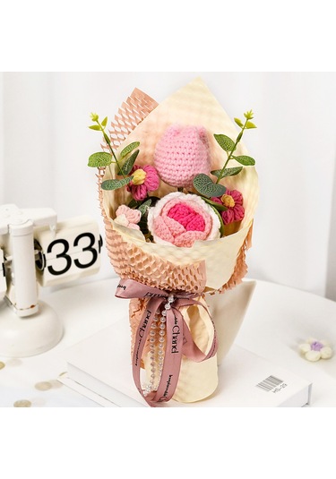 Hediye Yün Buket Lale Örme Çiçek El Diy Dokuma Puflar Anne Bayan Arkadaş Göndermek İçin Pembe