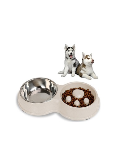 Cbtx Slow Food Şok Önleyici Paslanmaz Çelik Çift Kase Kedi Mama Kasesi