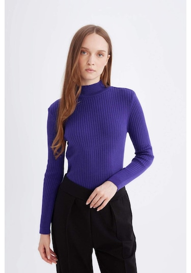 DeFacto Regular Fit Yarım Balıkçı Yaka Basic Düz Triko Kazak D9386AX24WNPR284 Mor