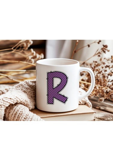 R Harfi Mor Puantiyeli Kupa Bardak - Polka Dot Tasarım Kahve Çay Bardak - Kişiye Özel Hediyelik Beyaz