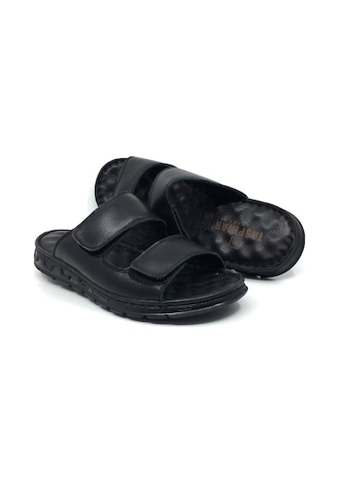 Taşpınar 204 %100 Hakiki Deri Ortopedik Erkek Yazlık Rahat Terlik Ayarlanabilir Cırtlı Siyah