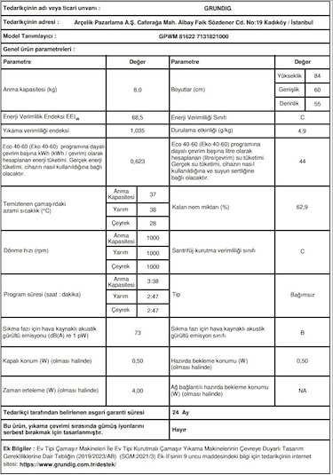 Grundig GPWM 81622 1000 Devir 8 KG Çamaşır Makinesi