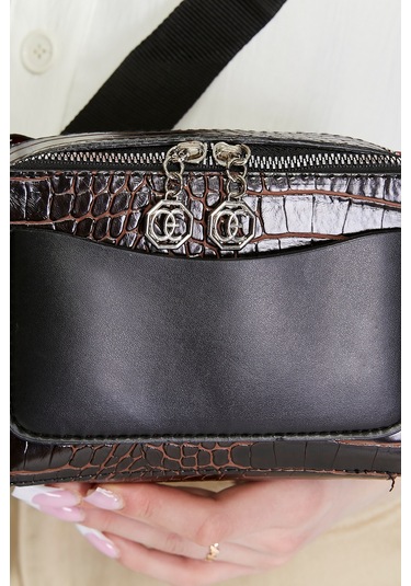 Morpelikan Kahve Kroko İki Bölmeli Kadın Omuz Çantası Kahverengi